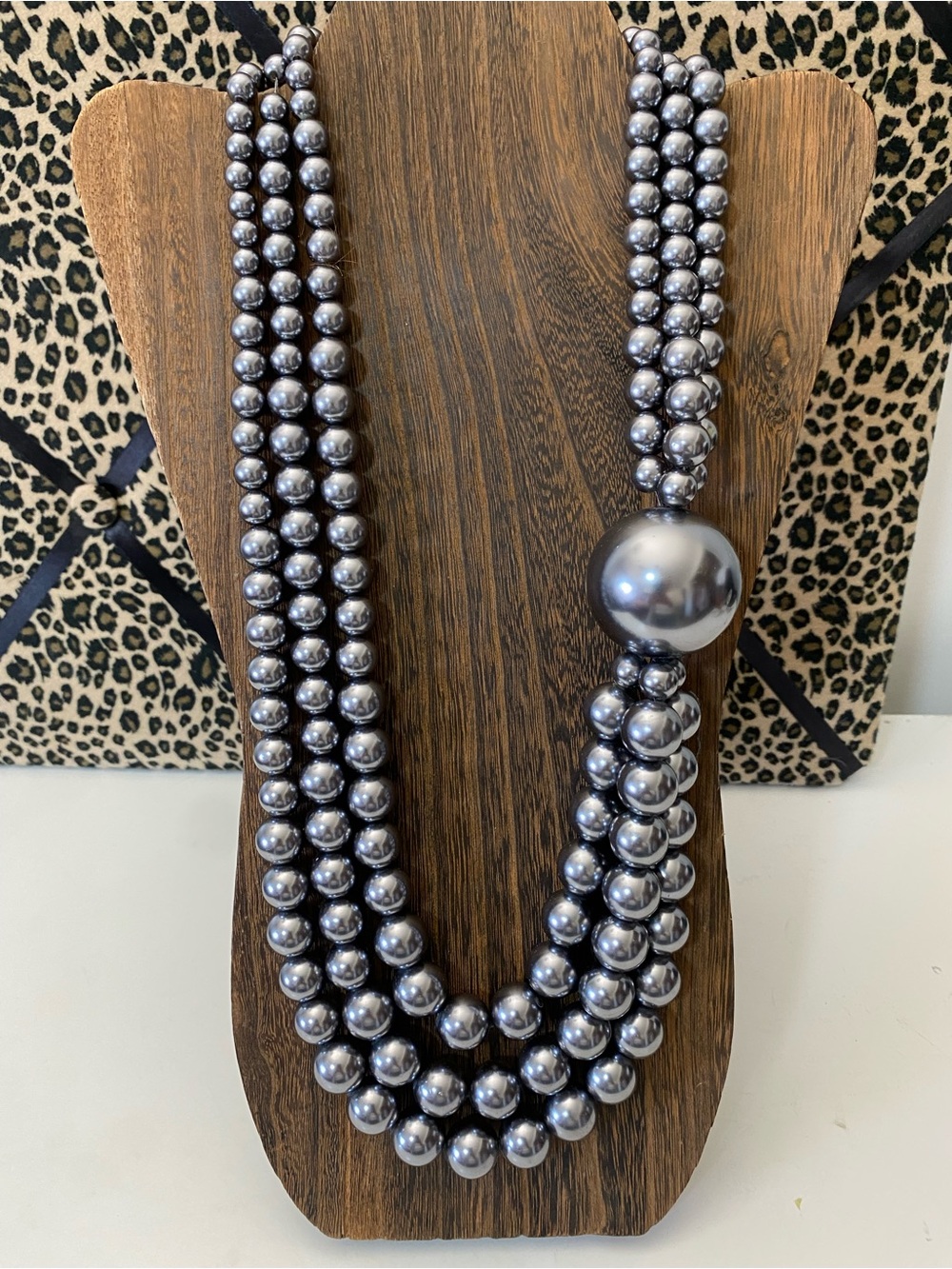 Gunmetal Gray Faux Pearl Multi-Strand Statement Necklace Oversized Bead Tassel
